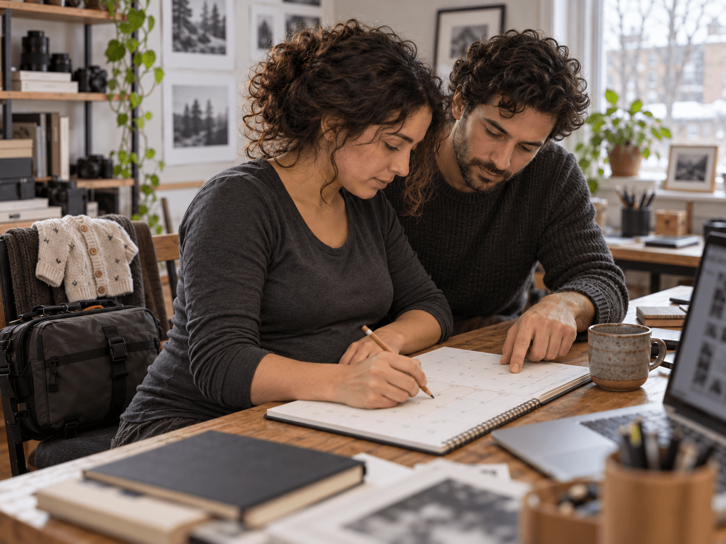 Anaïs and her partner review a paper planner at their work table.