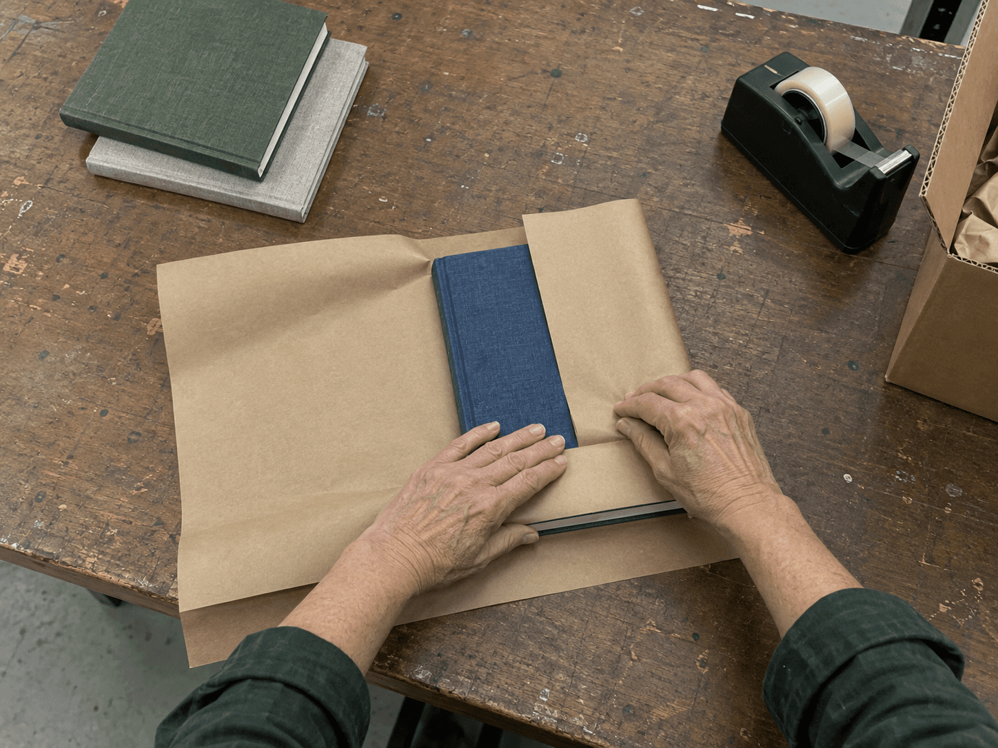 Hands fold brown packing paper around a blue linen-bound notebook on a bindery workbench.