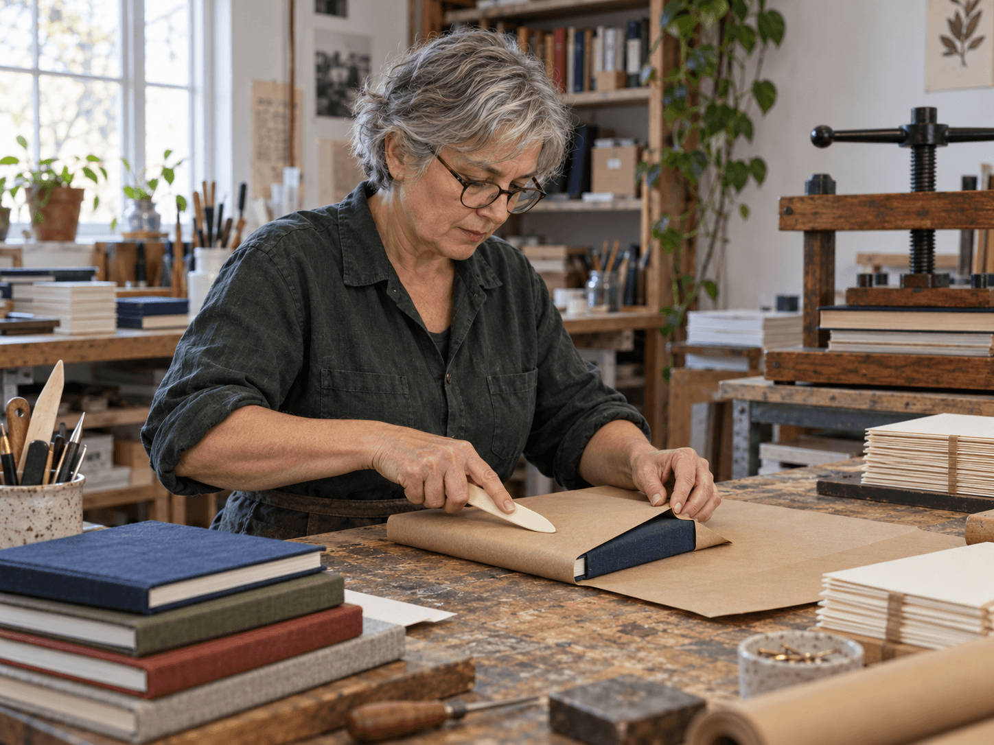 Mireille folds packing paper around a linen-bound notebook in her bindery.