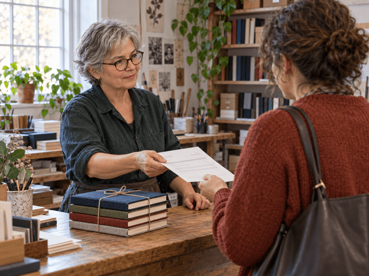 Mireille hands an invoice to a bookstore buyer beside a stack of linen-bound notebooks.