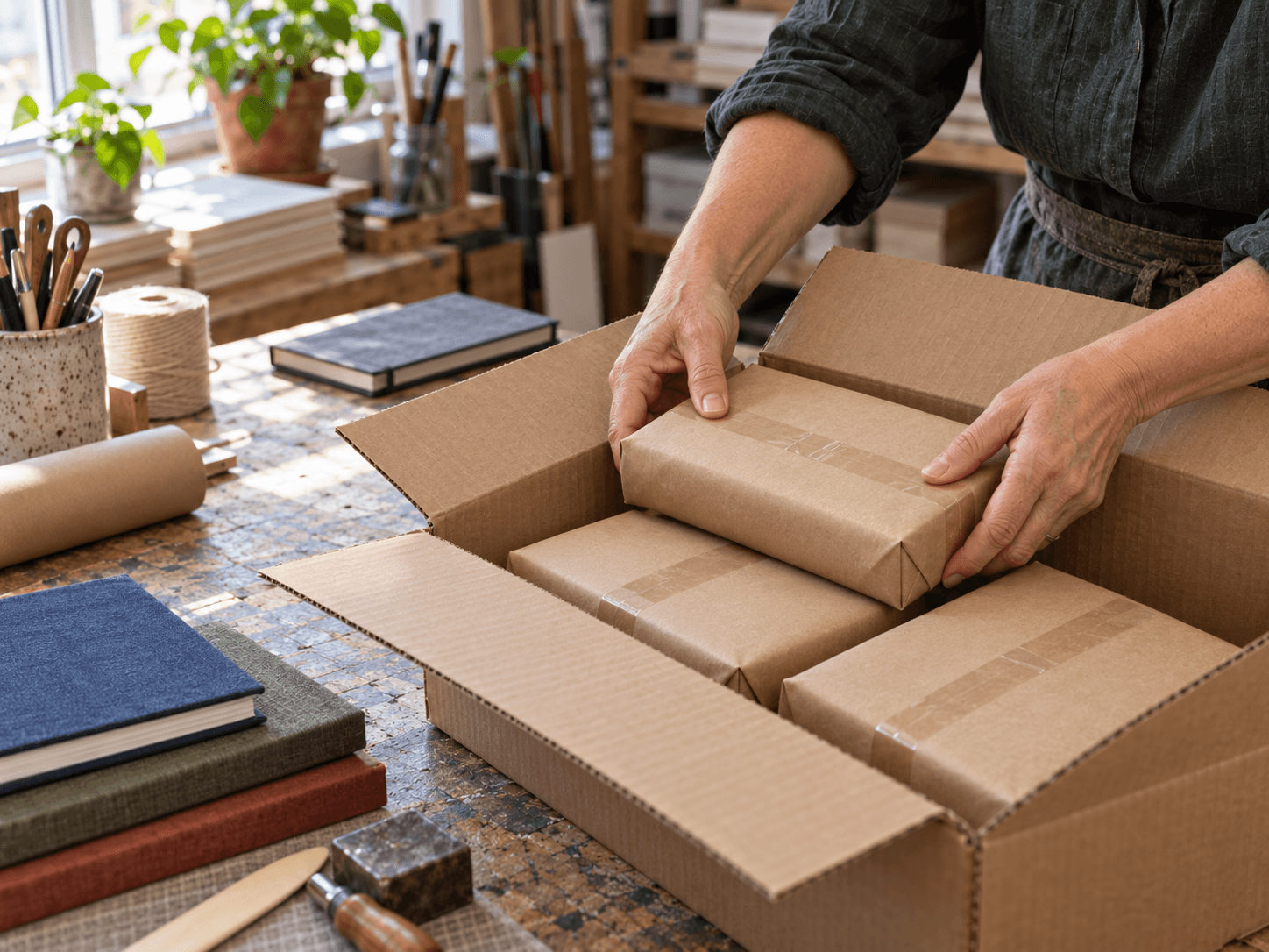 Mireille places a wrapped notebook parcel into a shipping carton.