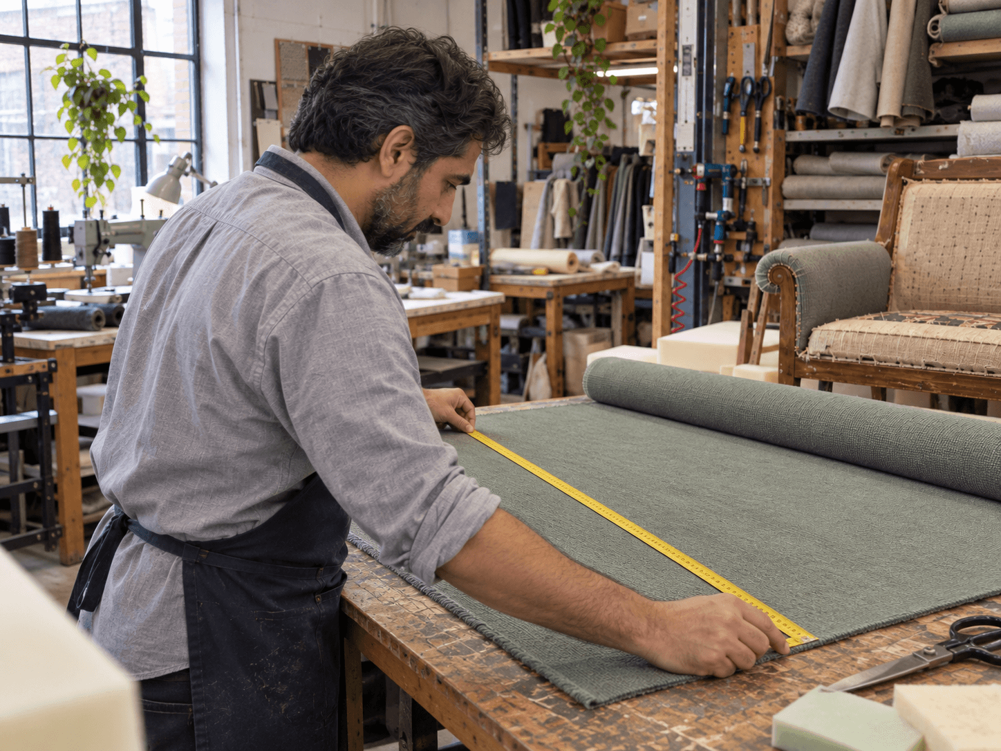 Nabil measures green upholstery fabric on his workshop cutting table.