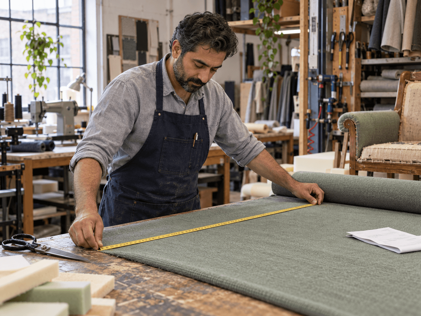 Nabil mesure un tissu d'ameublement vert sur la table de coupe de son atelier.