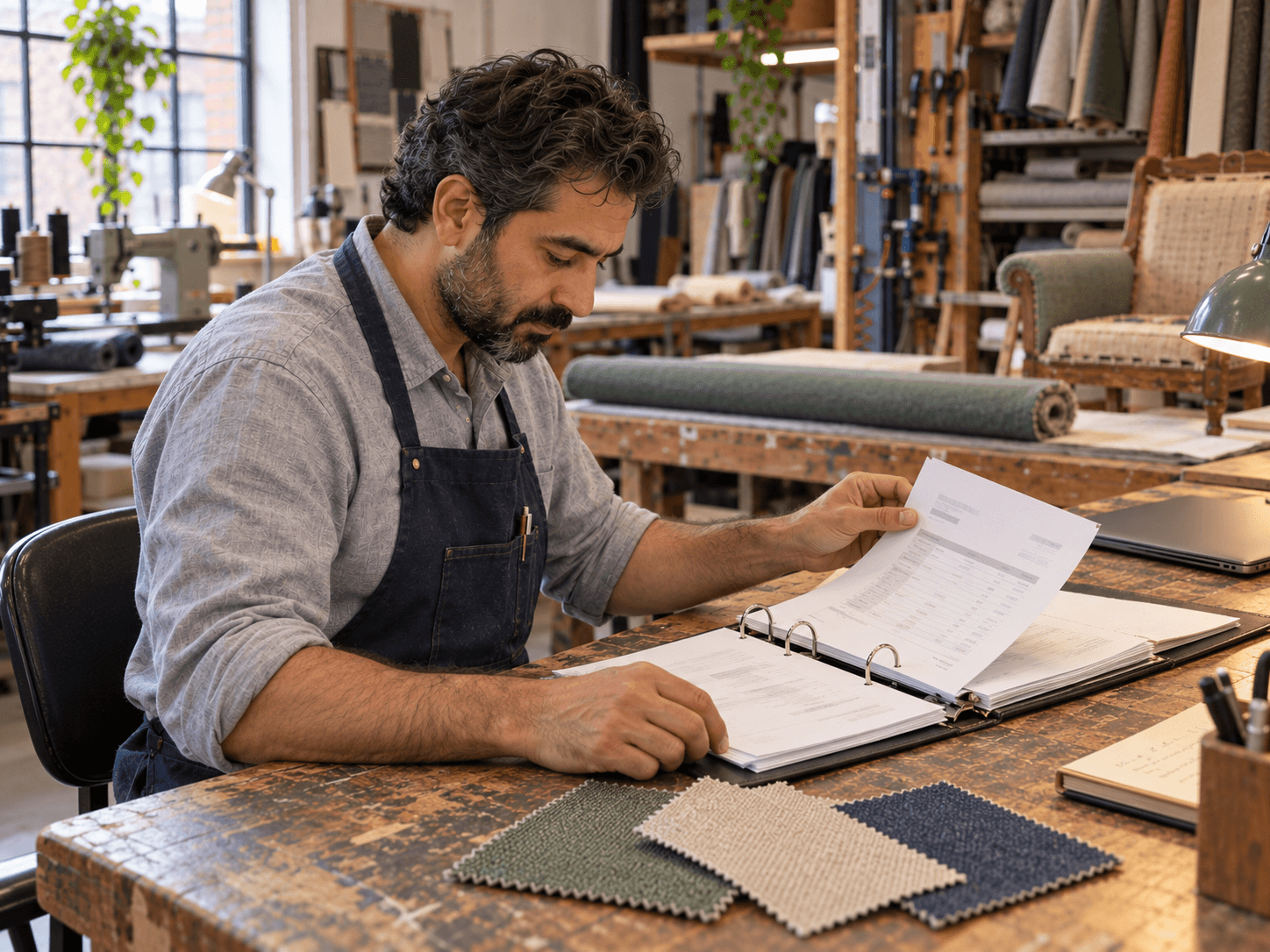 Nabil reviews a supplier invoice in a binder beside fabric samples.