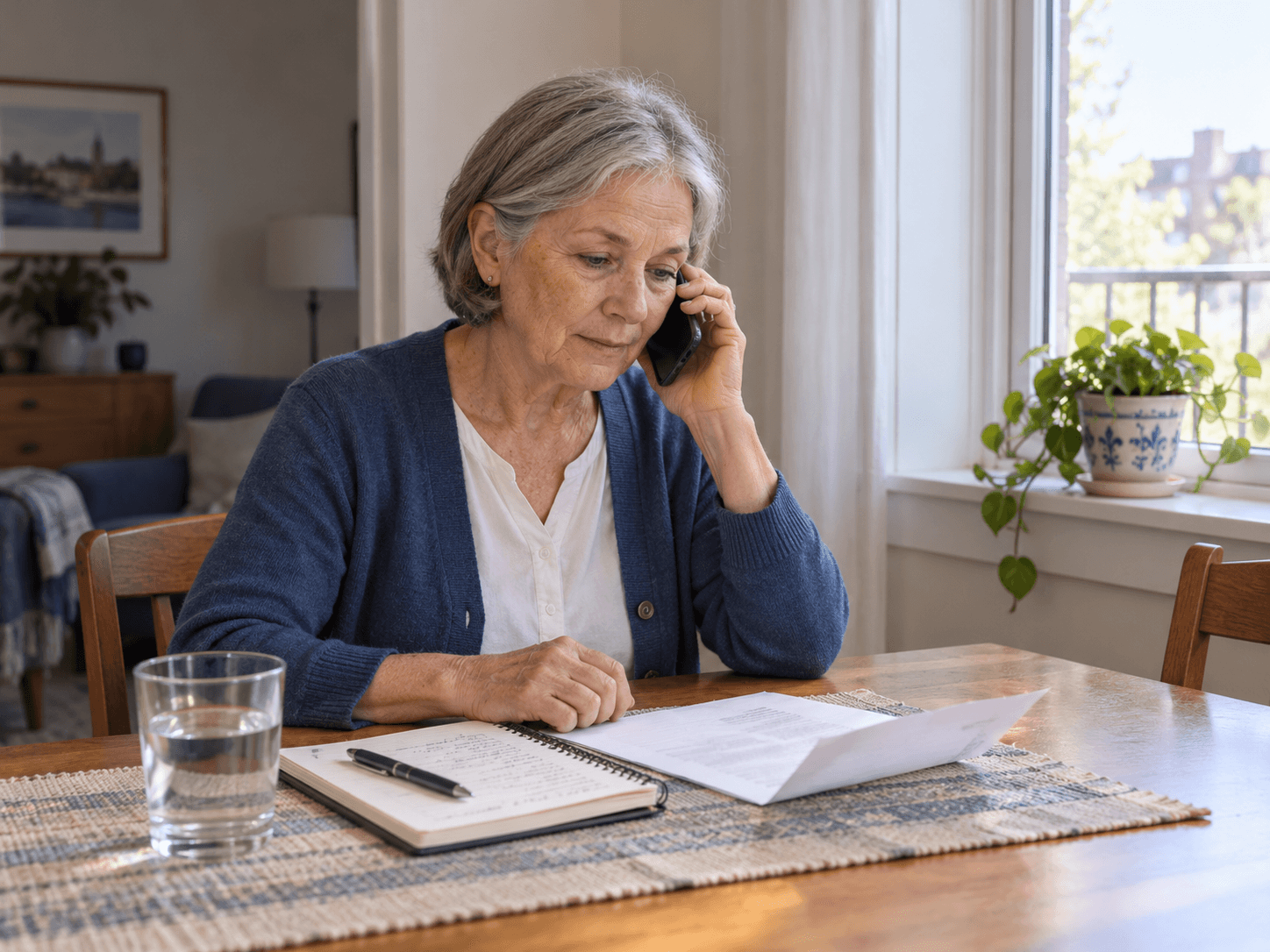 A woman listens on the phone while reviewing a letter and notebook at home.