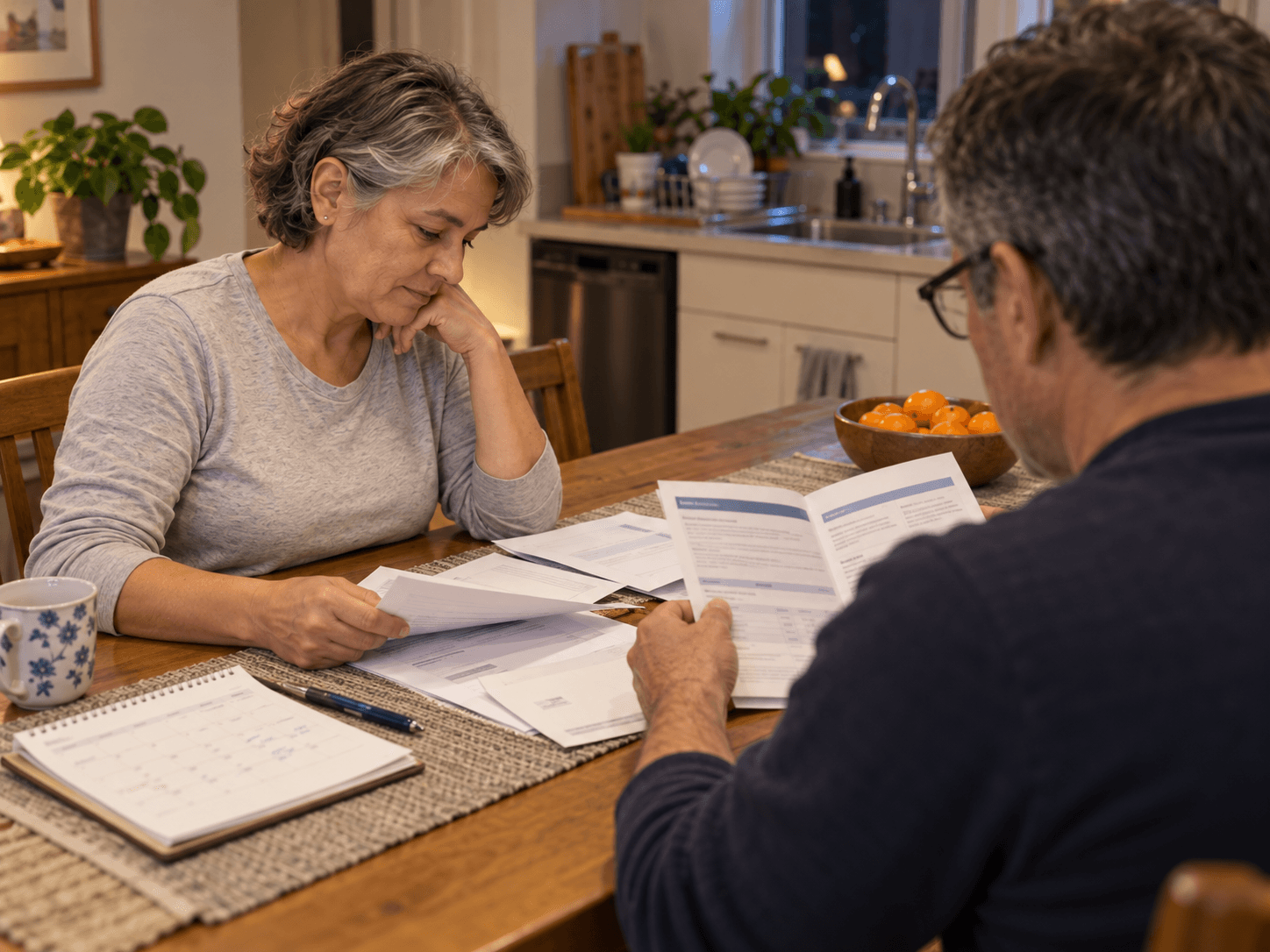 Lise and her partner compare benefits papers and a calendar at home.