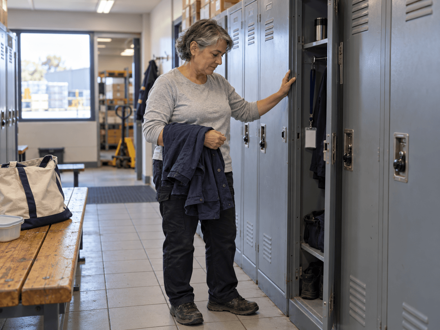 Lise collects her work shirt from a warehouse locker on her final shift.