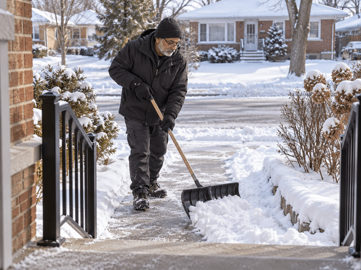 A worker clears snow from the walkway outside a modest brick bungalow.