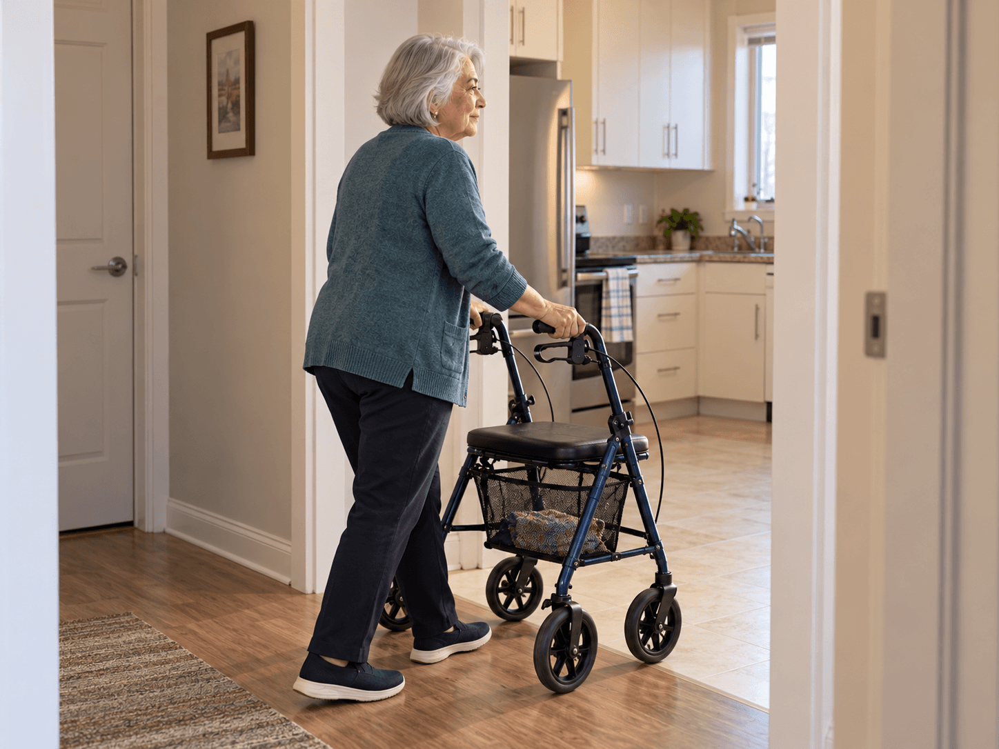 Hélène walks from the hall into her kitchen using her rollator.
