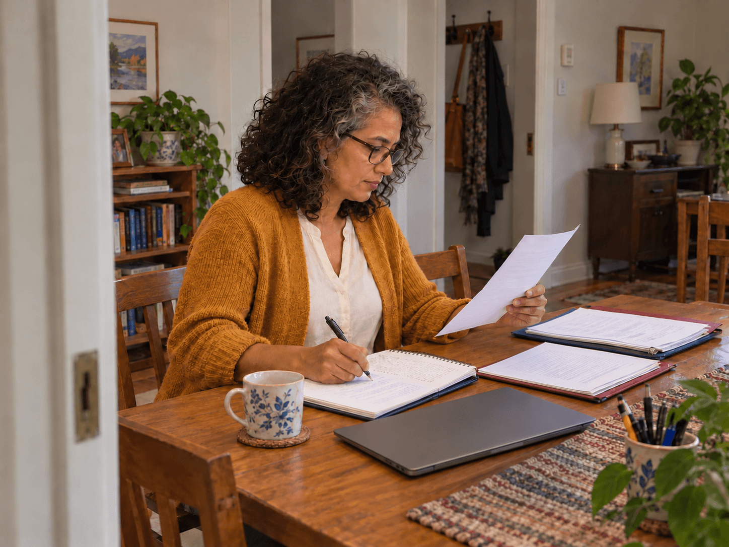 Laurence checks a letter and notebook beside two document folders at her worktable.