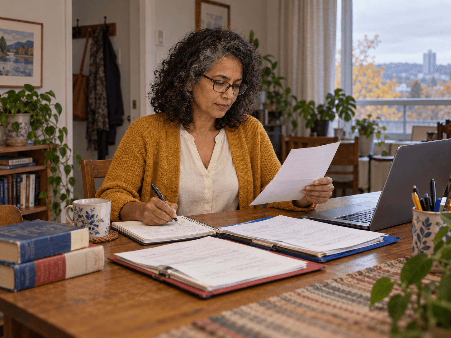 Laurence checks a letter and notebook beside two document folders at her worktable.