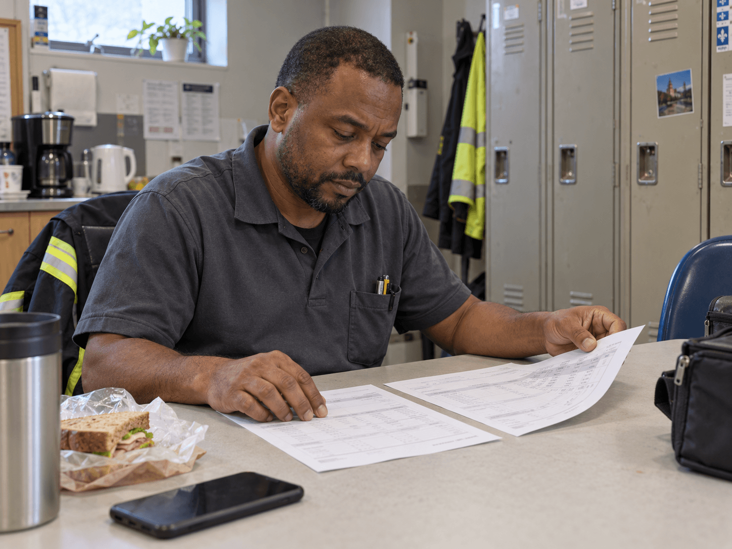Patrice compares two payroll papers during a break in a maintenance staff room.