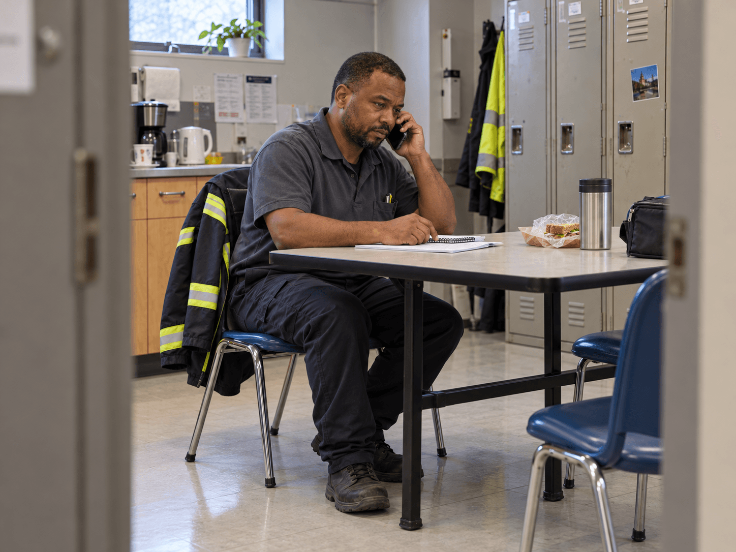 Patrice calls payroll from the staff room with his notebook and papers on the table.