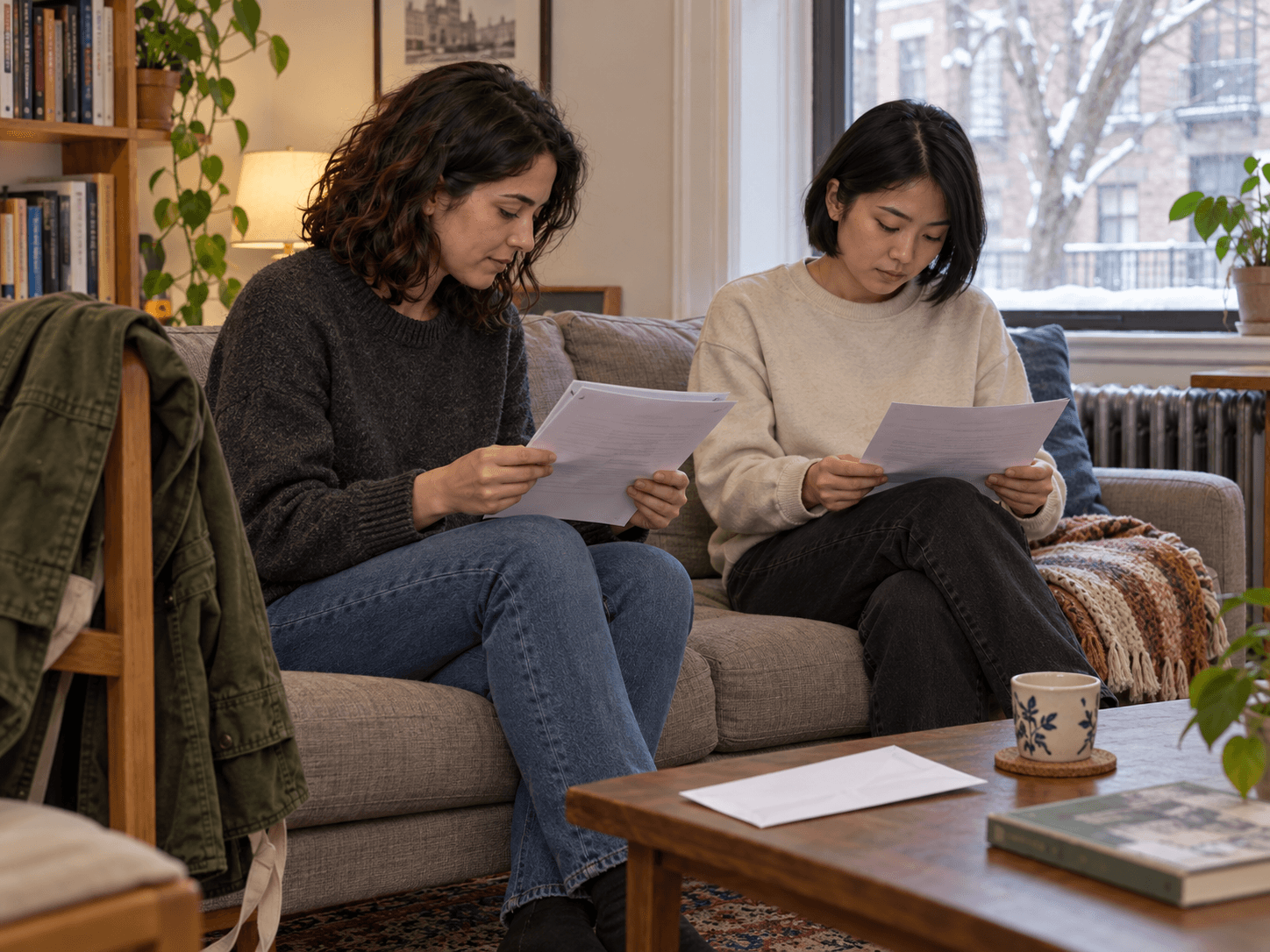 Sophie and her roommate check their housing papers together on the sofa.
