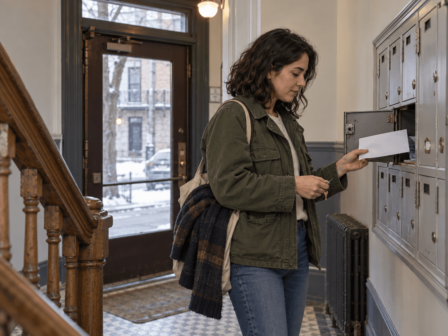 Sophie takes an envelope from her mailbox in a Montreal apartment building.
