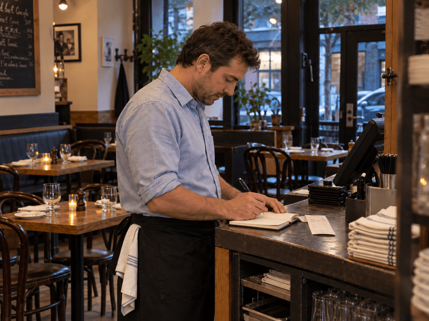 Marc writes in his shift notebook at a neighbourhood restaurant's service station.