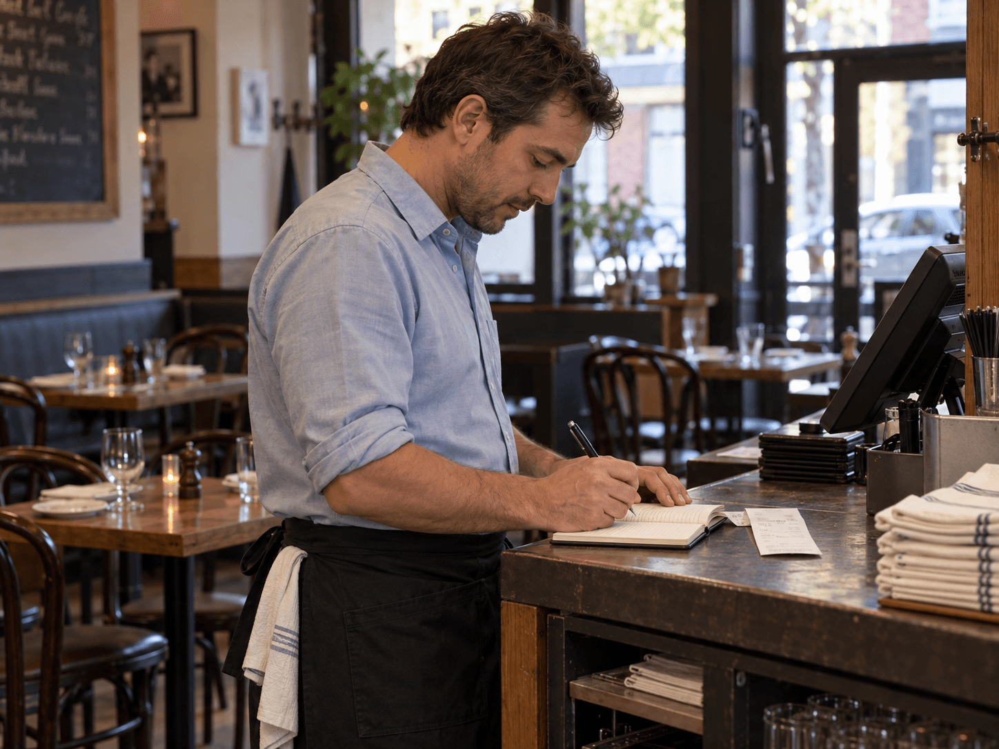 Marc writes in his shift notebook at a neighbourhood restaurant's service station.