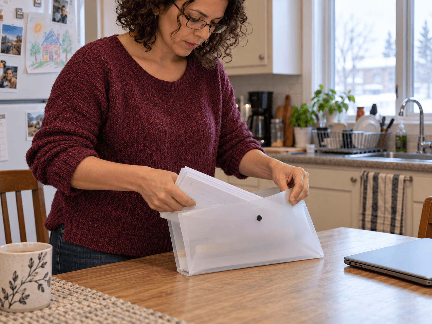 Joanie puts the papers into a translucent document wallet beside her closed laptop.
