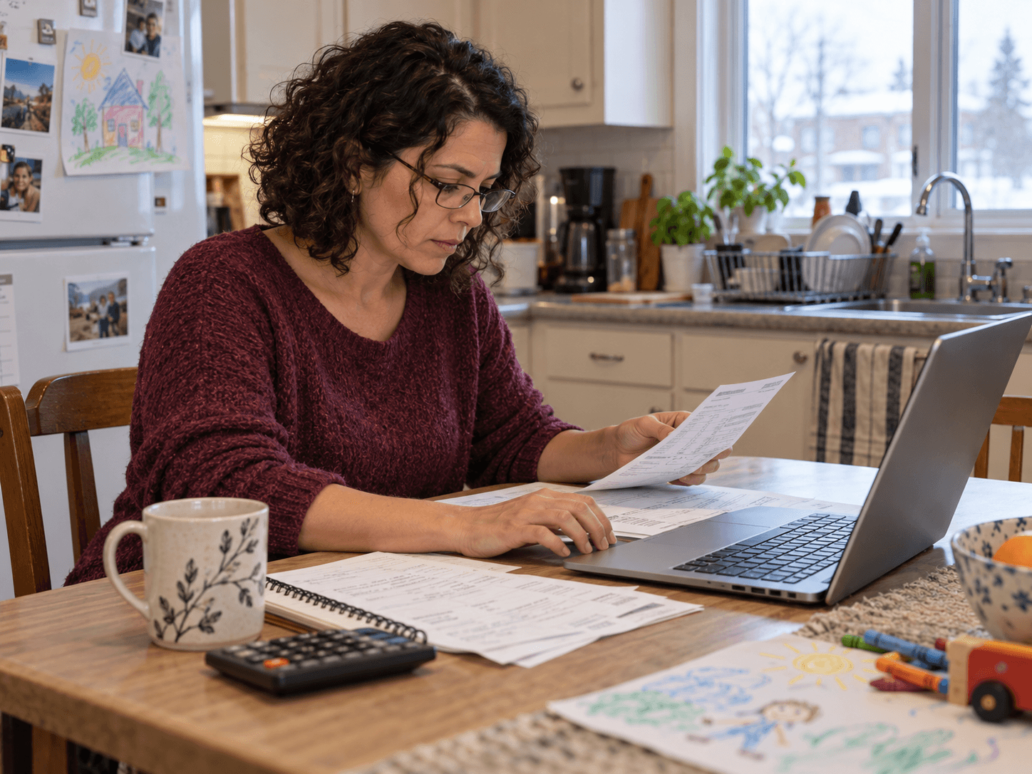 Joanie compares a paper with her laptop at a kitchen table in Gatineau.