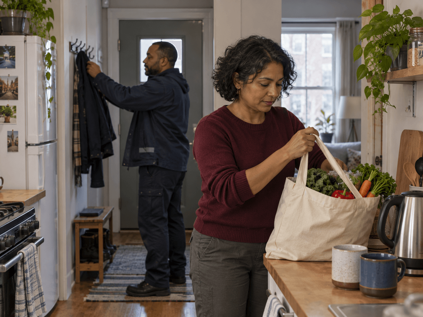 Two adults arrive home from work, putting away groceries and a coat.