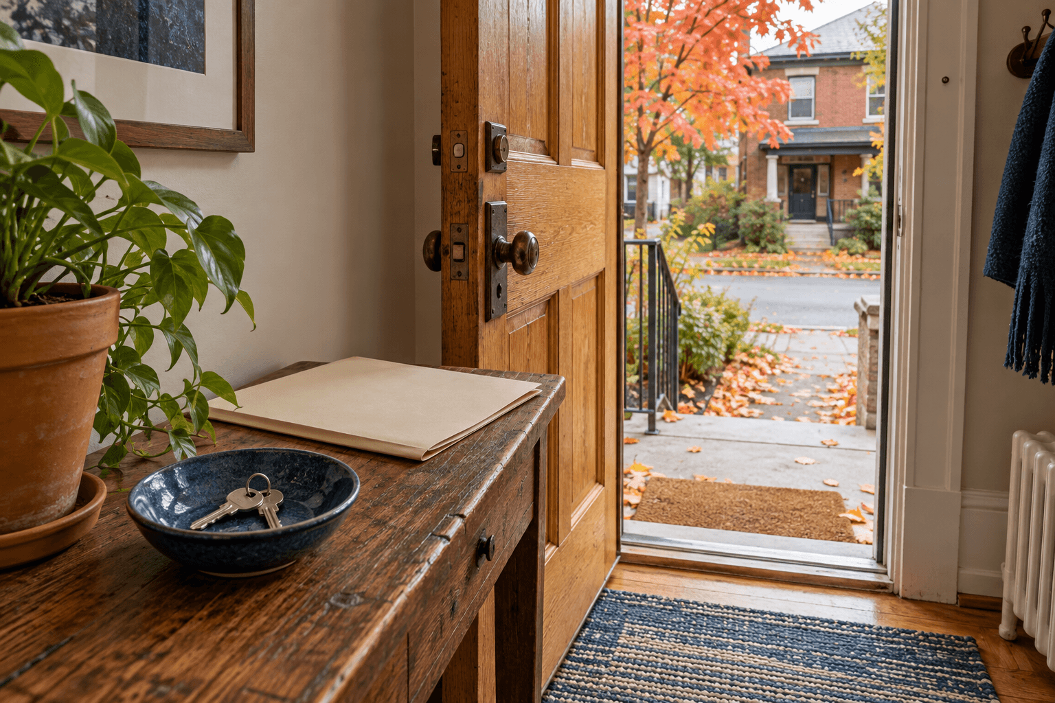 Keys and a plain folder beside an open wooden door in an autumn apartment entrance.