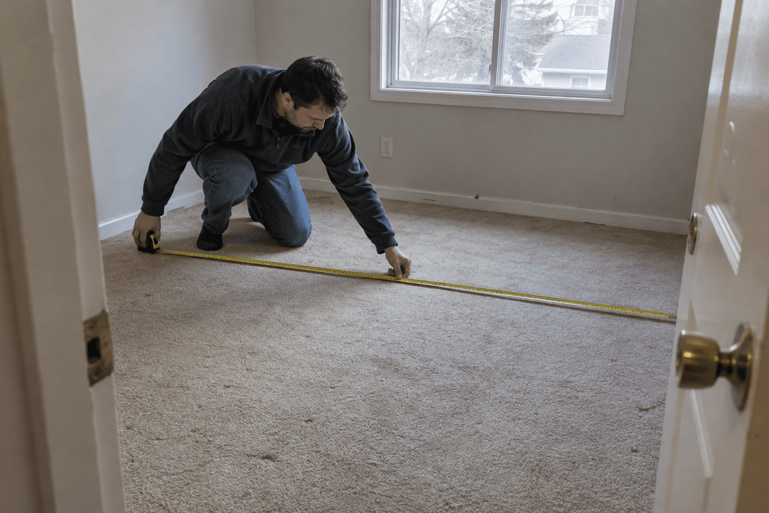 A spare room being measured with a tape measure.