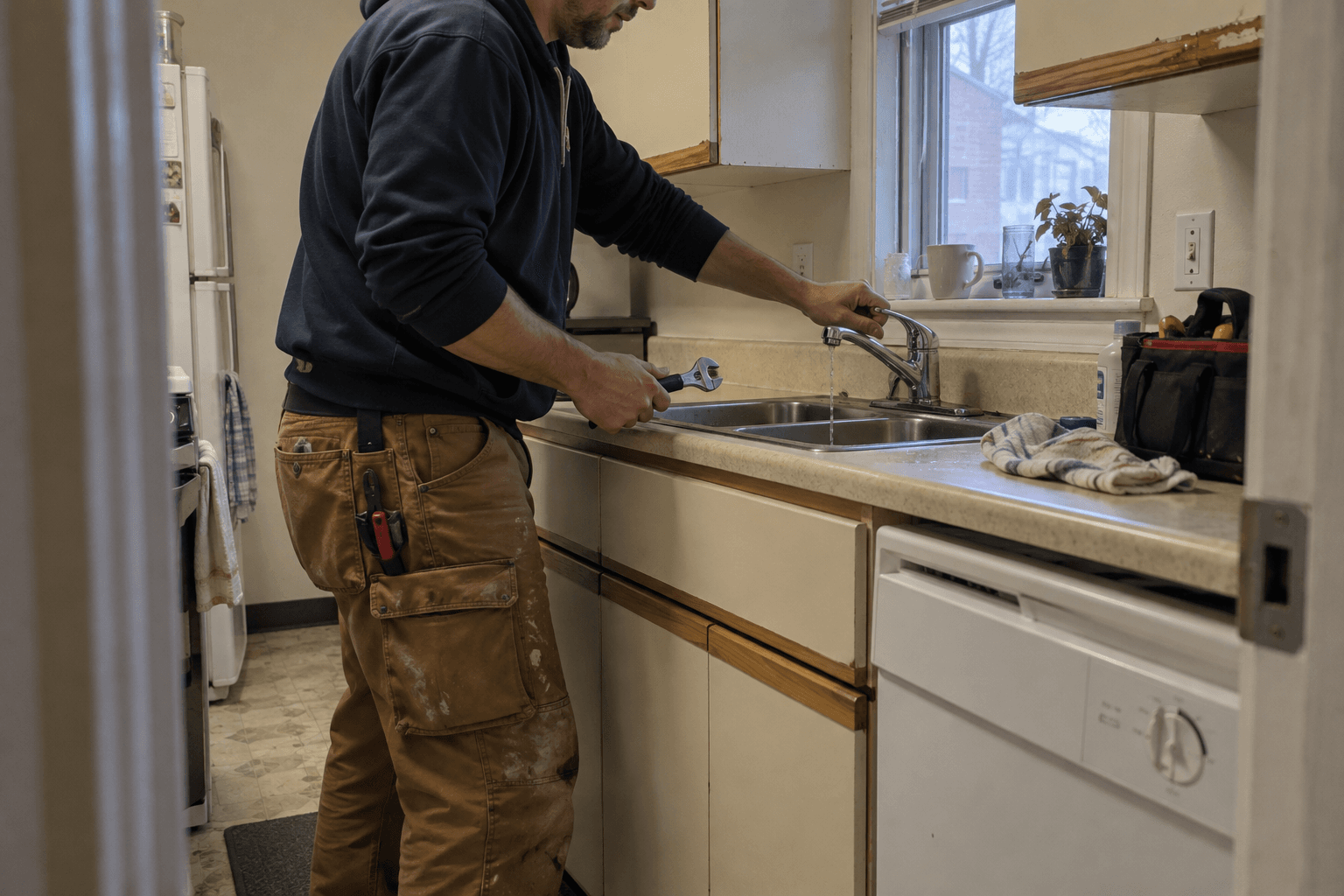 A tradesperson examining a kitchen tap in a rental apartment.