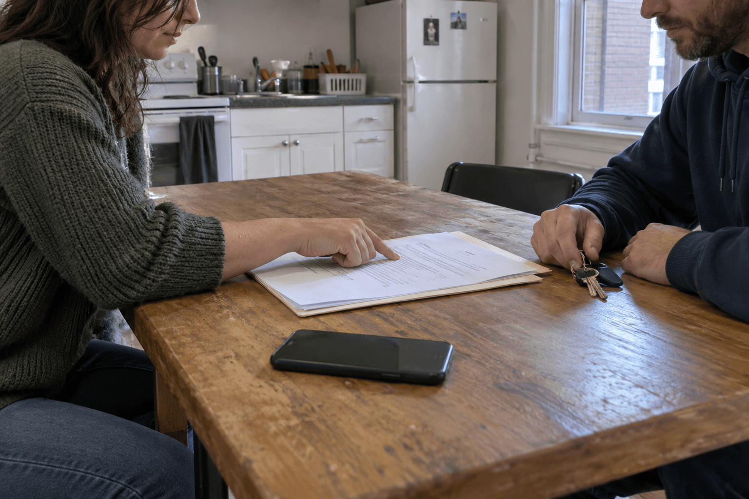 A lease folder being reviewed at an apartment kitchen table.