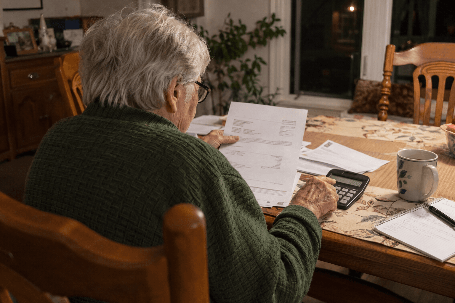 A retiree checking a payment letter with a calculator.