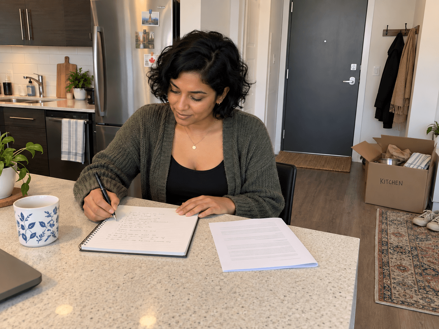 Samira writing her move timeline beside a lease in her new apartment.