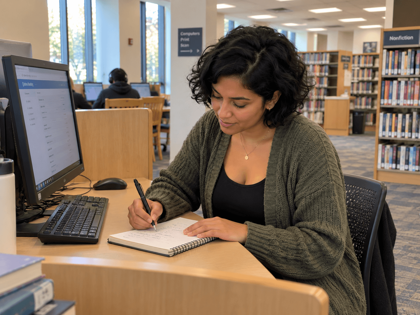 Samira noting a contribution date in her notebook at a library desk.
