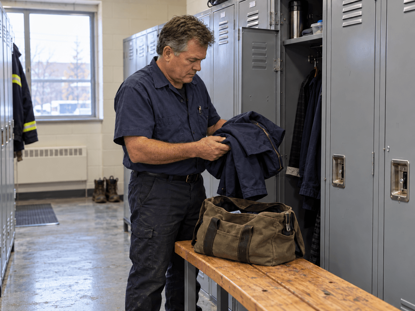 Guy takes his jacket from his workplace locker and packs his bag.