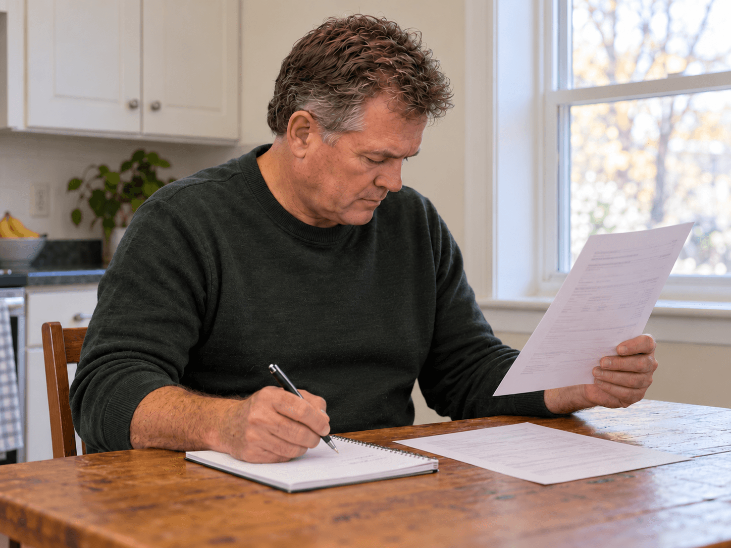 Guy compares his payment documents and makes a note at his kitchen table.
