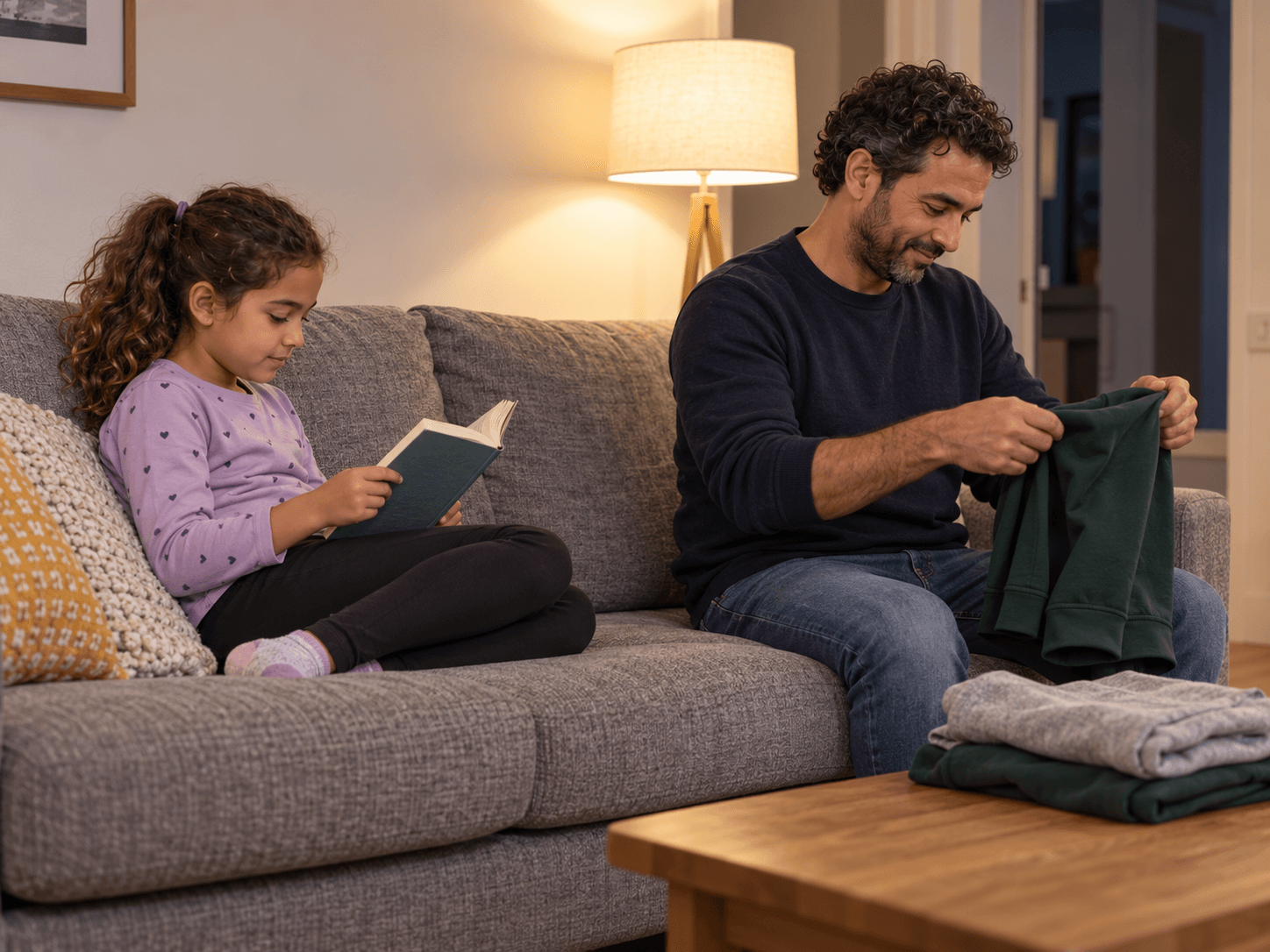 Dany's daughter reads her library book on the sofa while he sits nearby.
