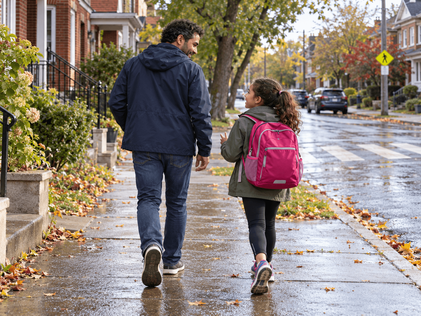 Dany rentre à pied avec sa fille et son sac d'école après l'avoir récupérée.