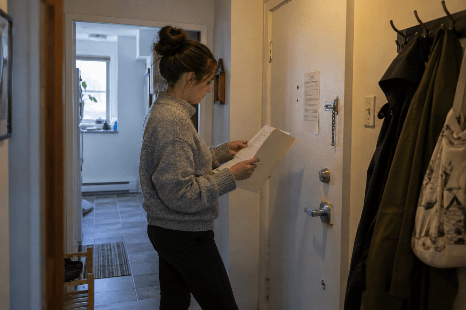 A rental host checking a folder beside the apartment door.