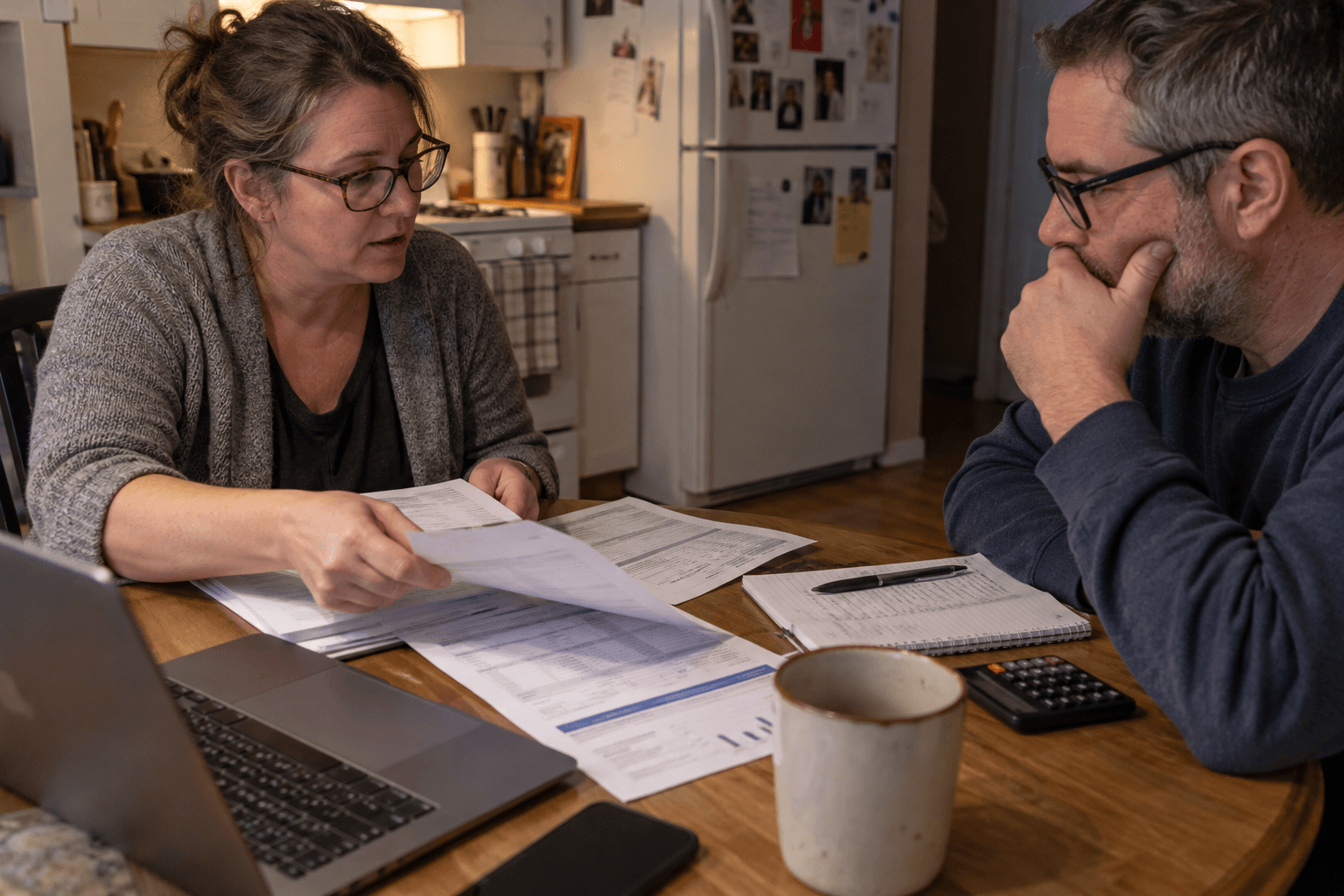 Un couple compare des relevés de compte de plusieurs années.