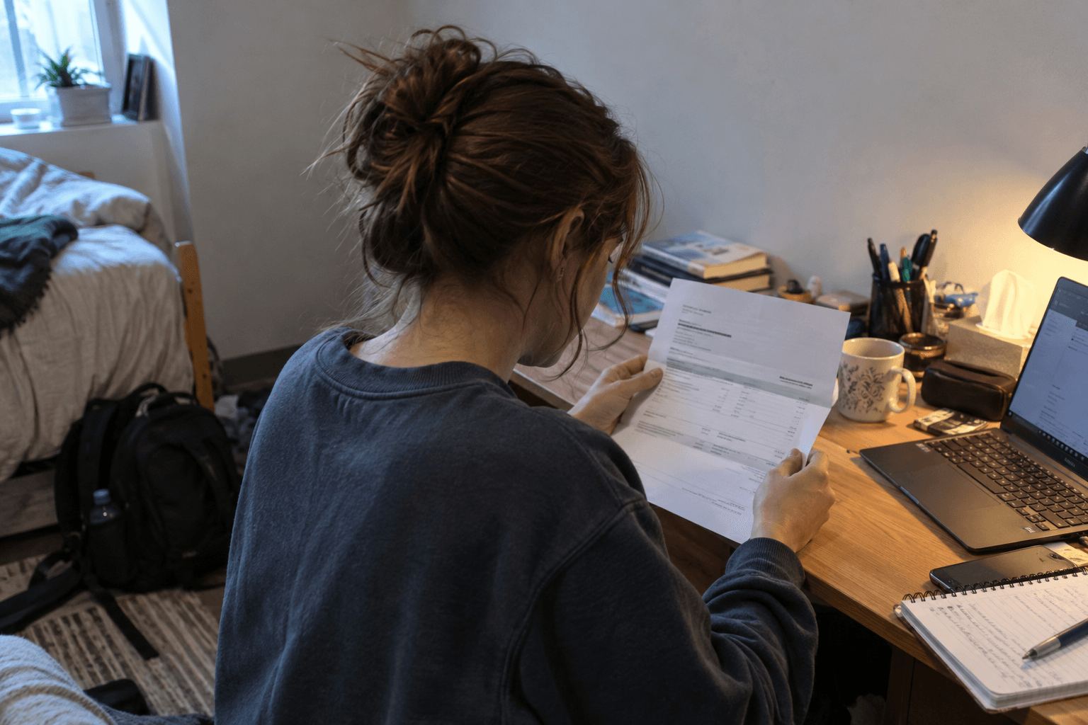 A student opening a loan statement at a small desk.