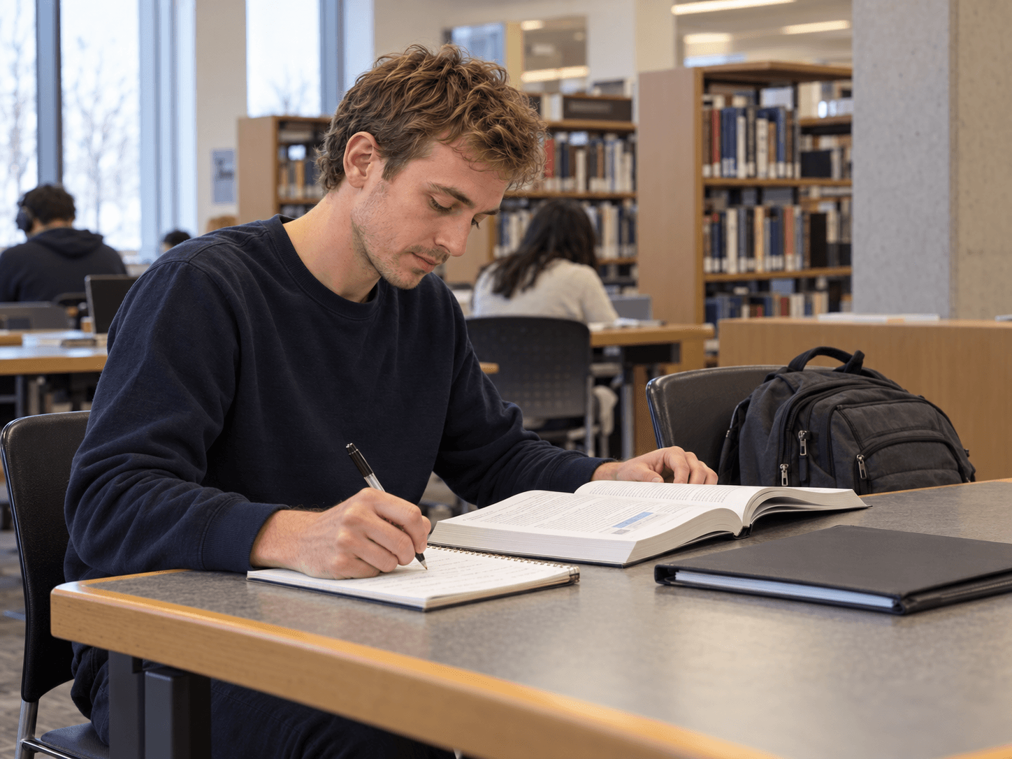 Lucas studies with a textbook and notebook at a college library table.