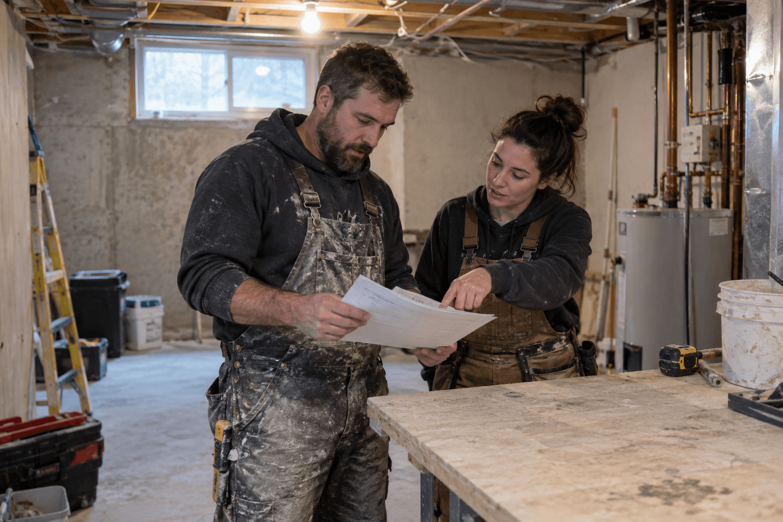 Des personnes de métier vérifient une facture près d'un établi.