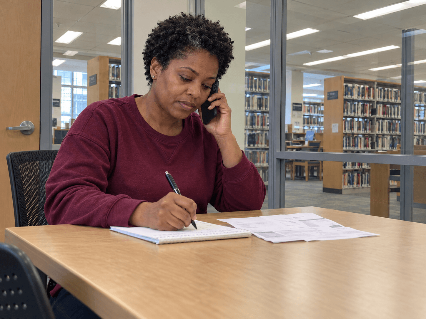 Ariane prend des notes pendant un appel sur une facture détaillée, à une table de bibliothèque.