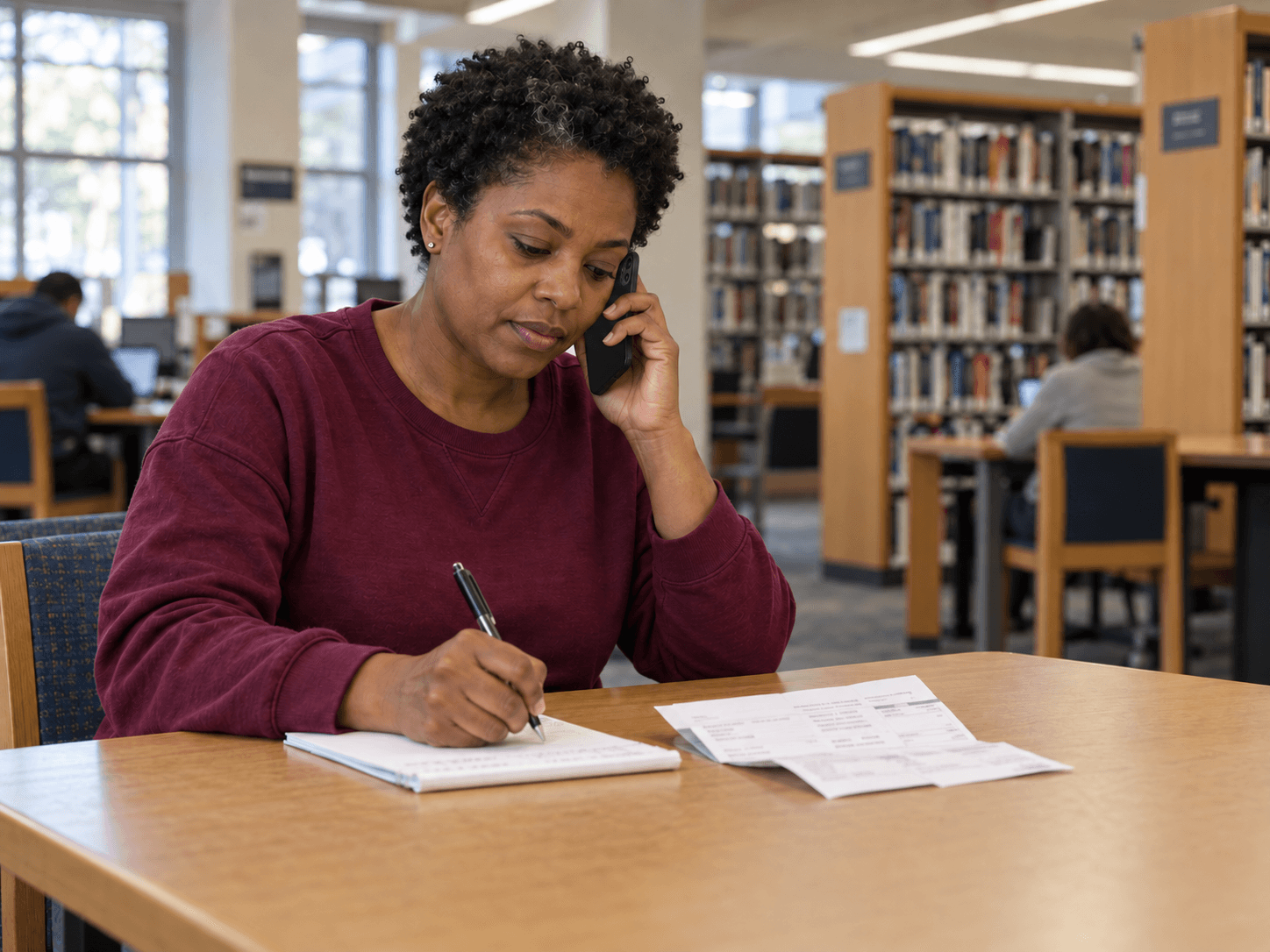 Ariane makes notes during a call about an itemized bill at a library work table.