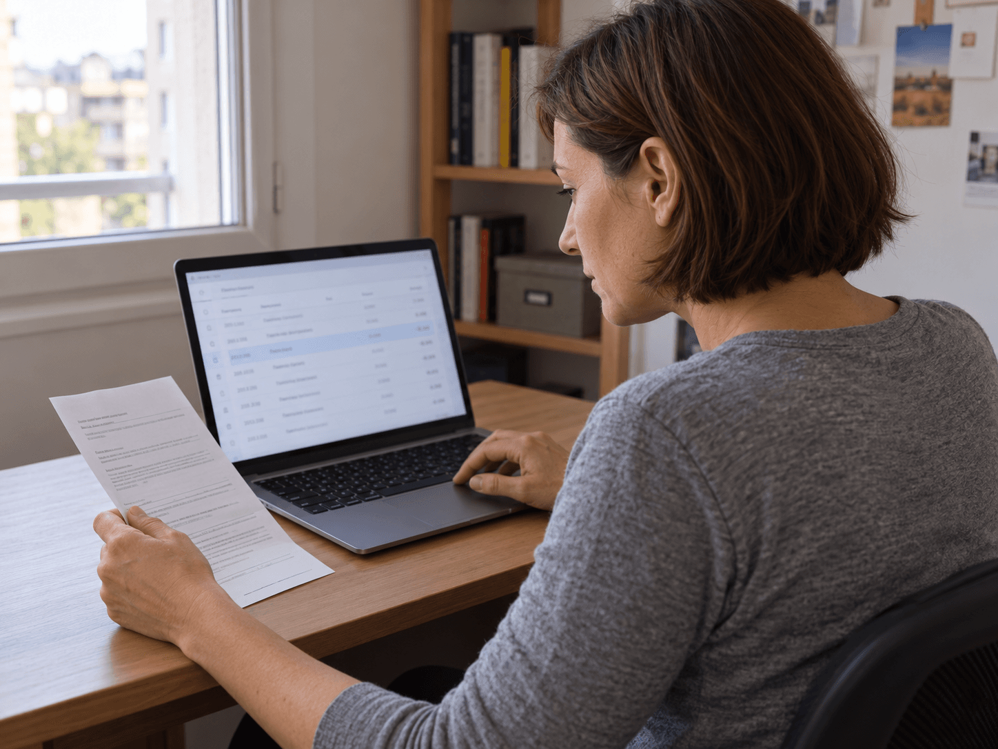 Émilie checks a bank transaction on her laptop while working through her monthly records.