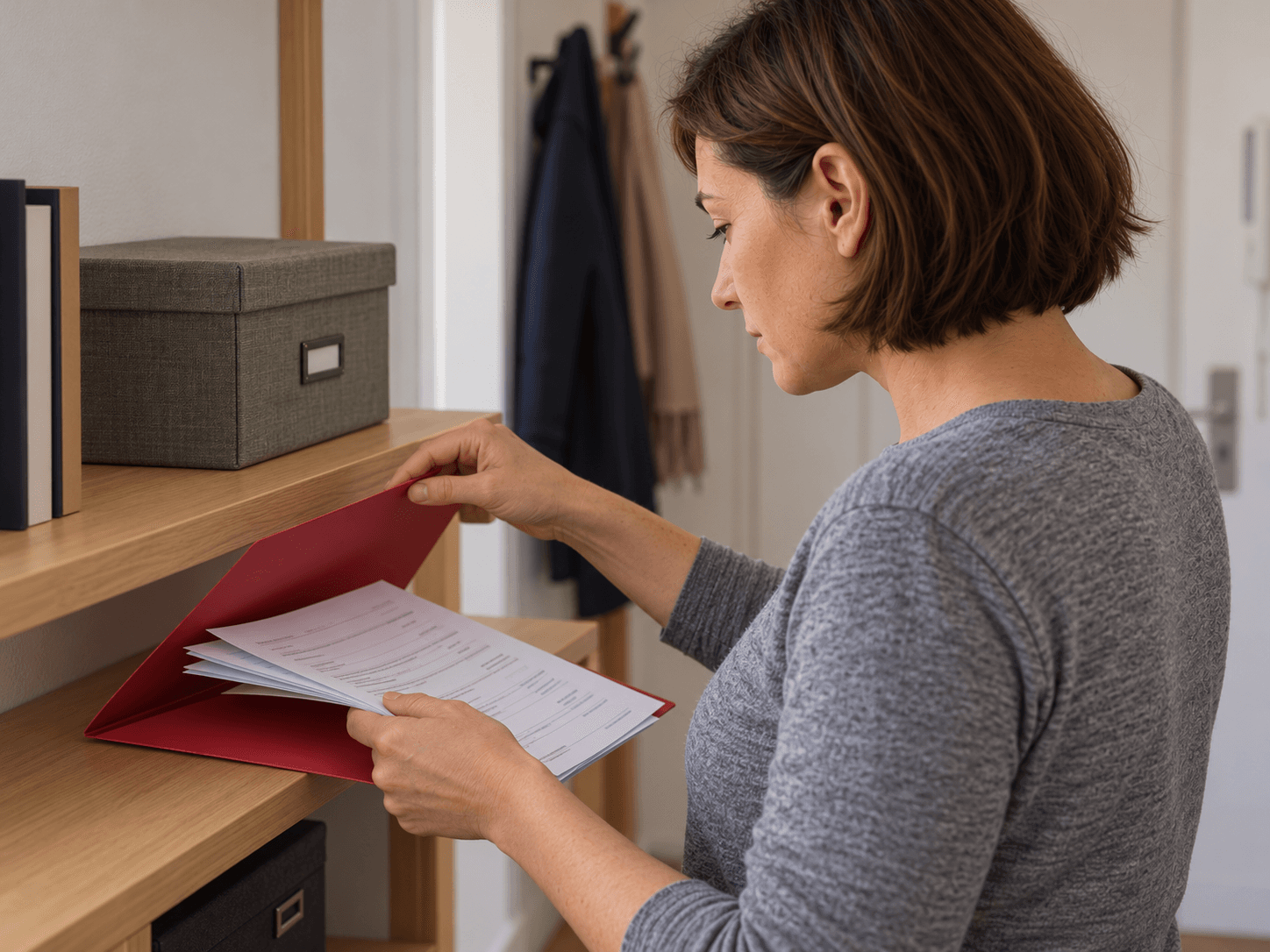 Émilie puts her checked annual payment records into a document folder.