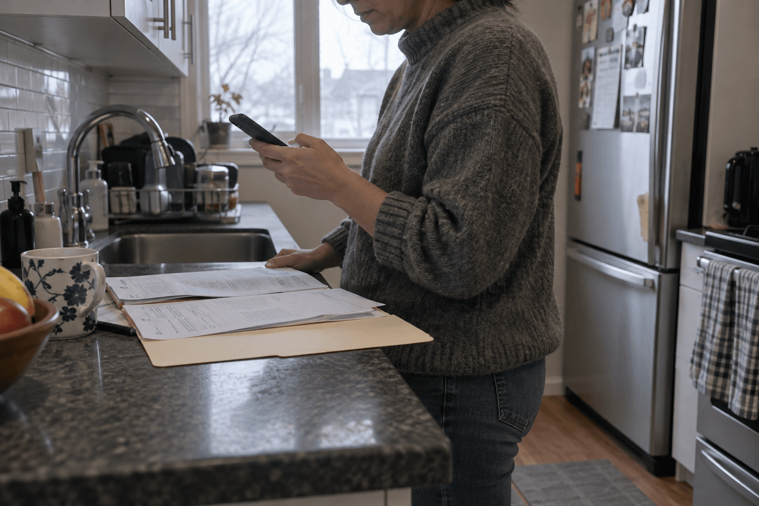 Une personne consulte son téléphone près d'un dossier fiscal ouvert.