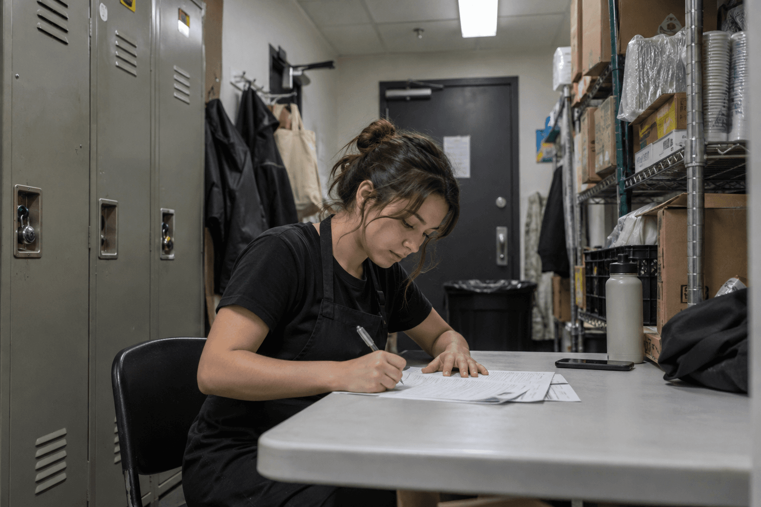 An employee completing onboarding paperwork in a staff room.