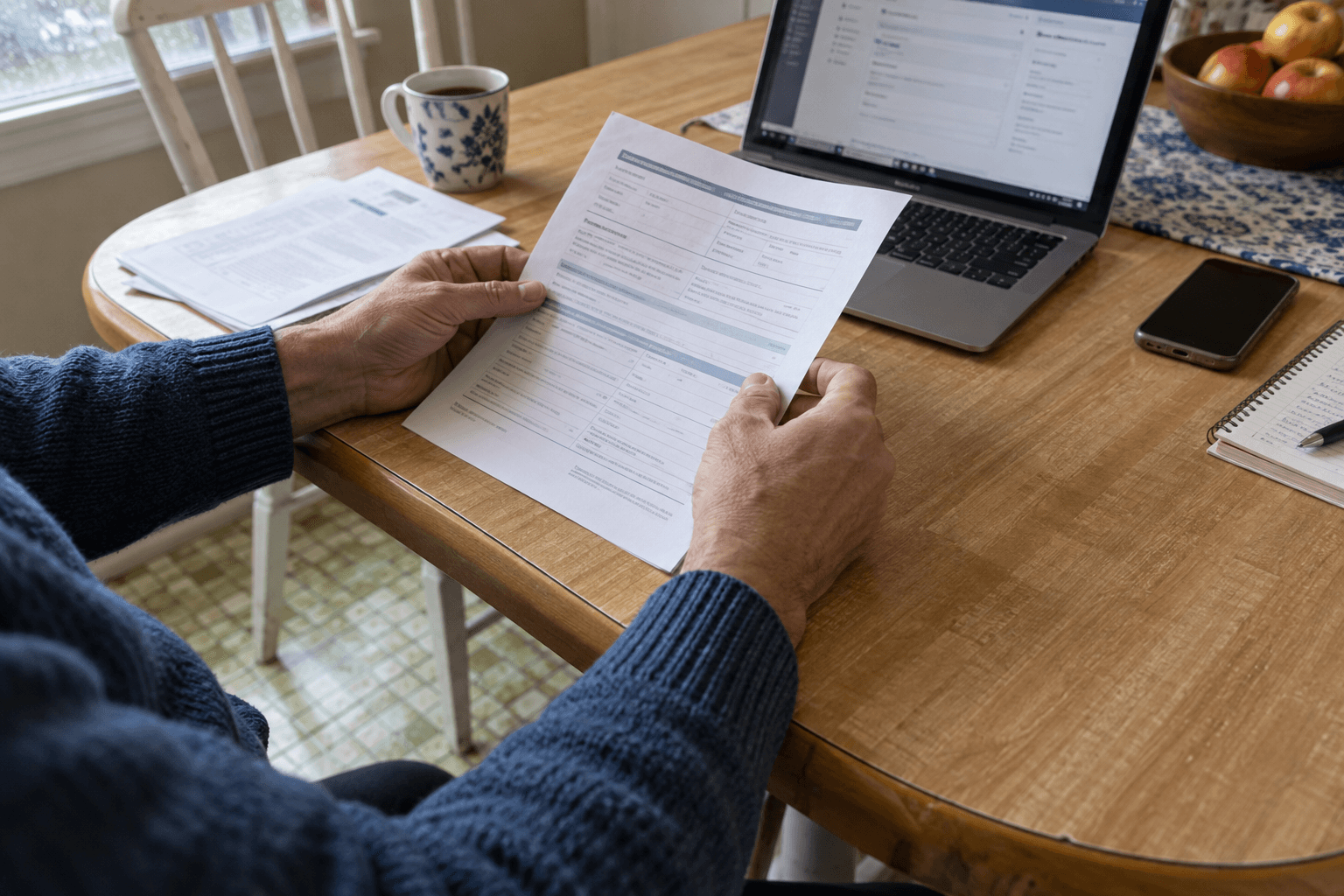 An account transfer form being checked beside a laptop.