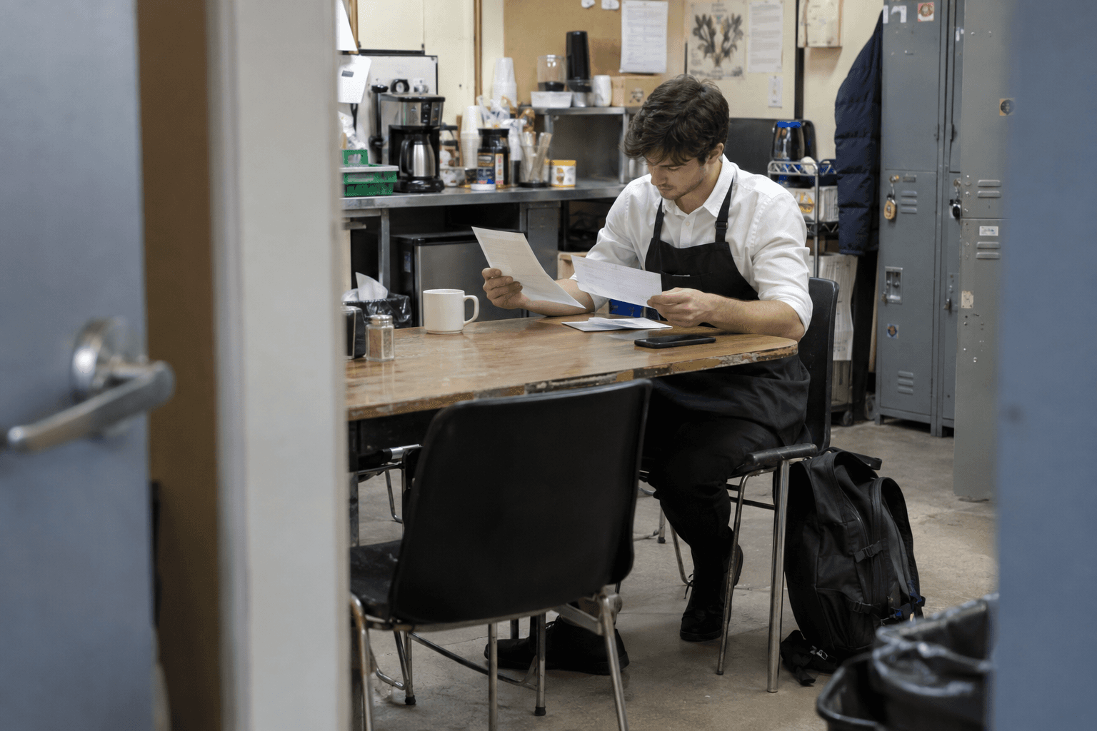 A worker comparing two payslips in a cafe staff room.