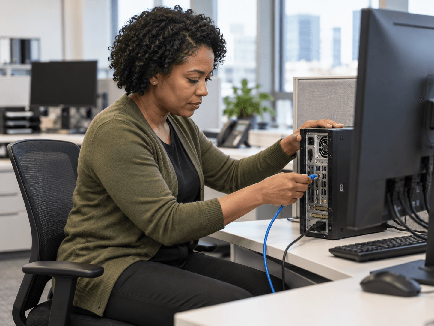 Amina checks a network cable at an office desktop computer.
